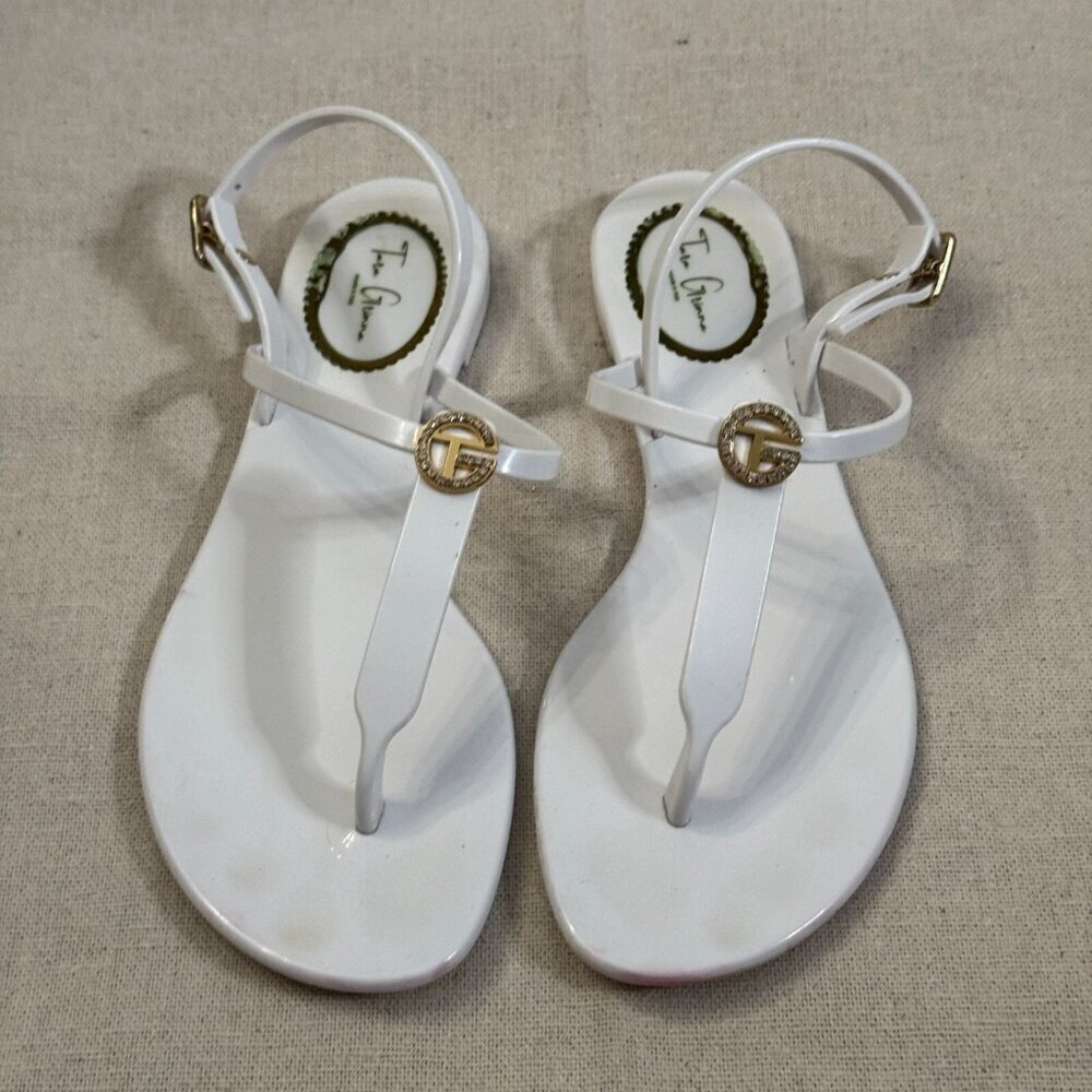 Tara Grinna White Thong Sandals Women’s 9 Italy Gold Logo Jelly Flat Beach - Picture 5 of 15